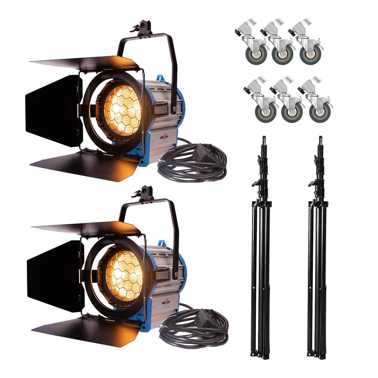 1000W Fresnel Tungsten Spotlights x2 & Spring Cushioned Stands, Wheels