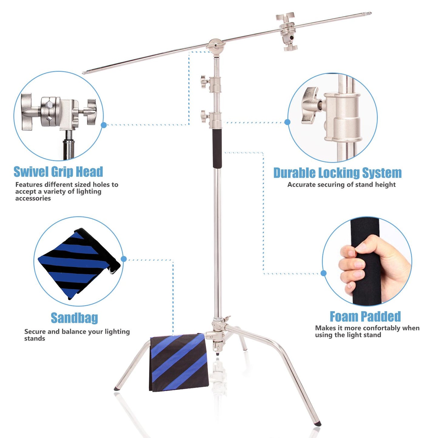 10ft Heavy Duty C Stand Light Stand with 50 inches Extension Boom Arm, 2x Grip Heads, Sandbag and Wheeled Carry Case, Adjustable for Photography Studio Video Reflector, Softbox, Flash, etc, 1 Set