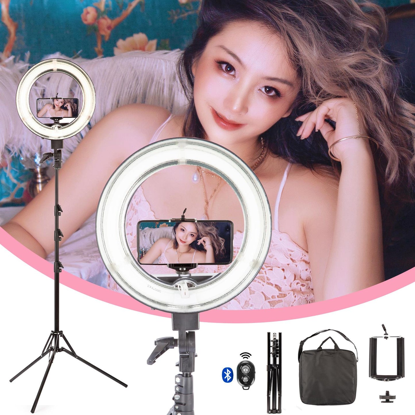 13.5" Ring Light, 40W, 5500K (Daylight) with Black Carry Bag, Cellphone Mount, Stand and Bluetooth Trigger
