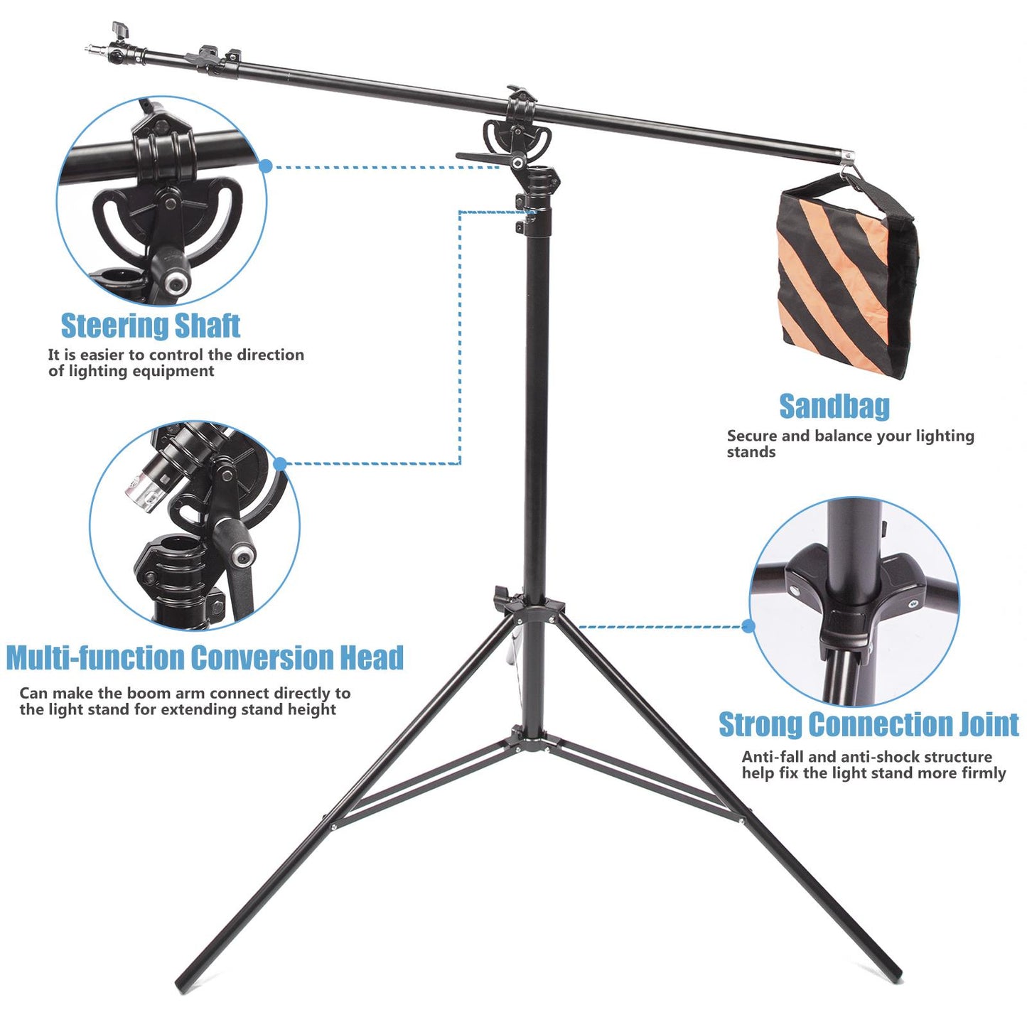 2-in-1 Light Stand with Boom Arm Kit 3.9m Tripod Stand with 1.9m Boom Arm - None, None