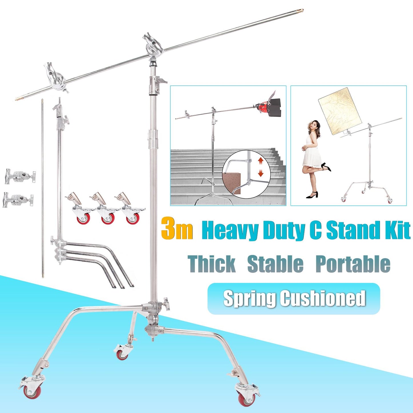 Film C-Stand Kit, Heavy Duty Stainless Steel Light Stand 10ft/300cm with Sliding Leg Wheels Holding Arm Grip Head, Adjustable Century Stand Wheeled for Photography Studio Reflector Lighting Equipment