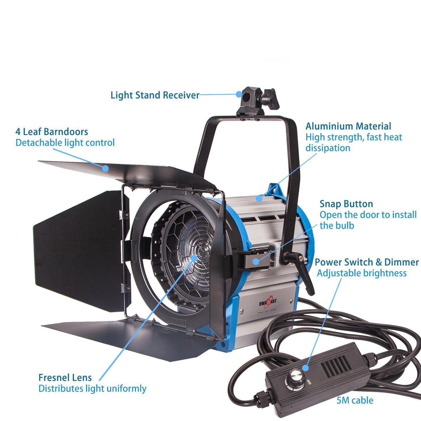 1000W Fresnel Tungsten Spotlights x2 & Spring Cushioned Stands, Wheels