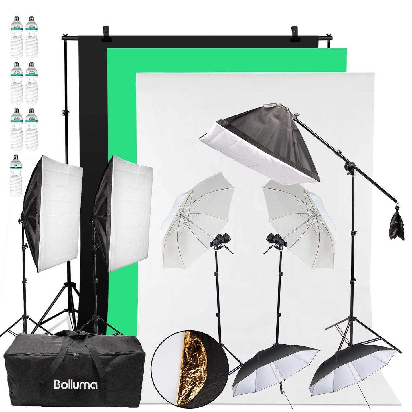 Continuous Dual Lighting Softbox & Backdrop Support Kit 150W with Boom Arm & White / Silver Umbrellas
