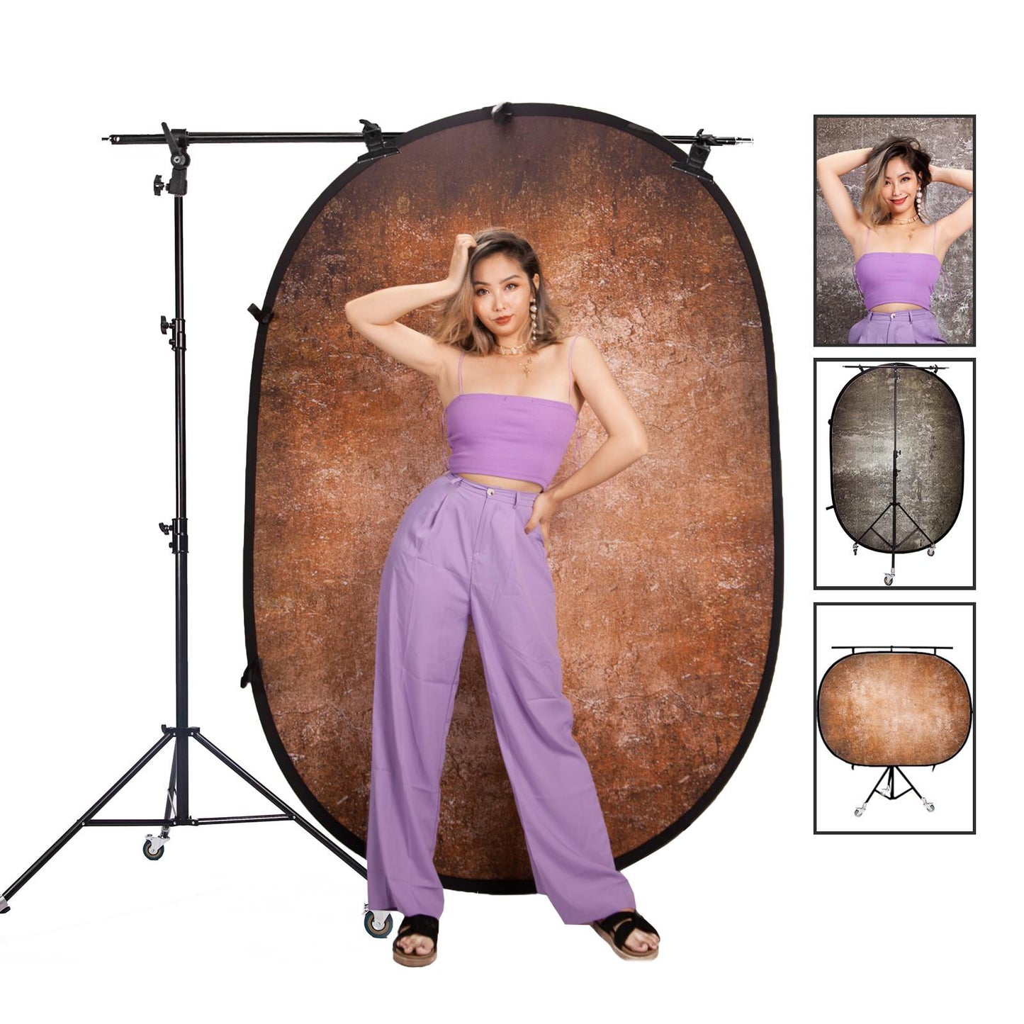Pop-up Backdrop, 1.5m x 2m, Double Sided - Mottled Dark Moss/Amber, with Heavy Duty Stand, Boom Arm and Wheels