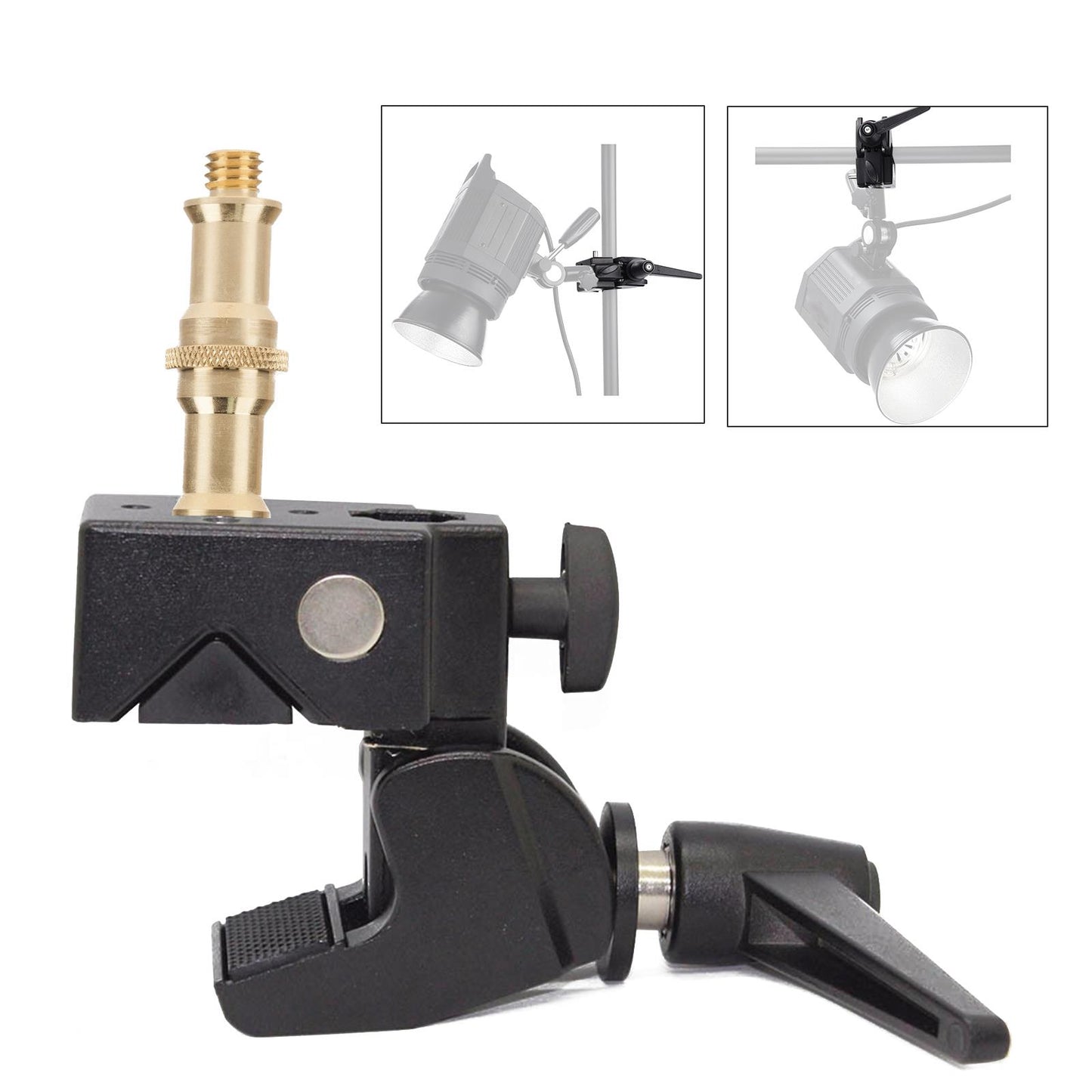 PYXEL STUDIO Super Clamp with 1/4 and 3/8 Thread Stud for Photo Cameras, Lights, Umbrellas, Hooks, Shelves, Plate Glass, Cross Bars, LED Lighting Photography Video Audio Accessories, Gold