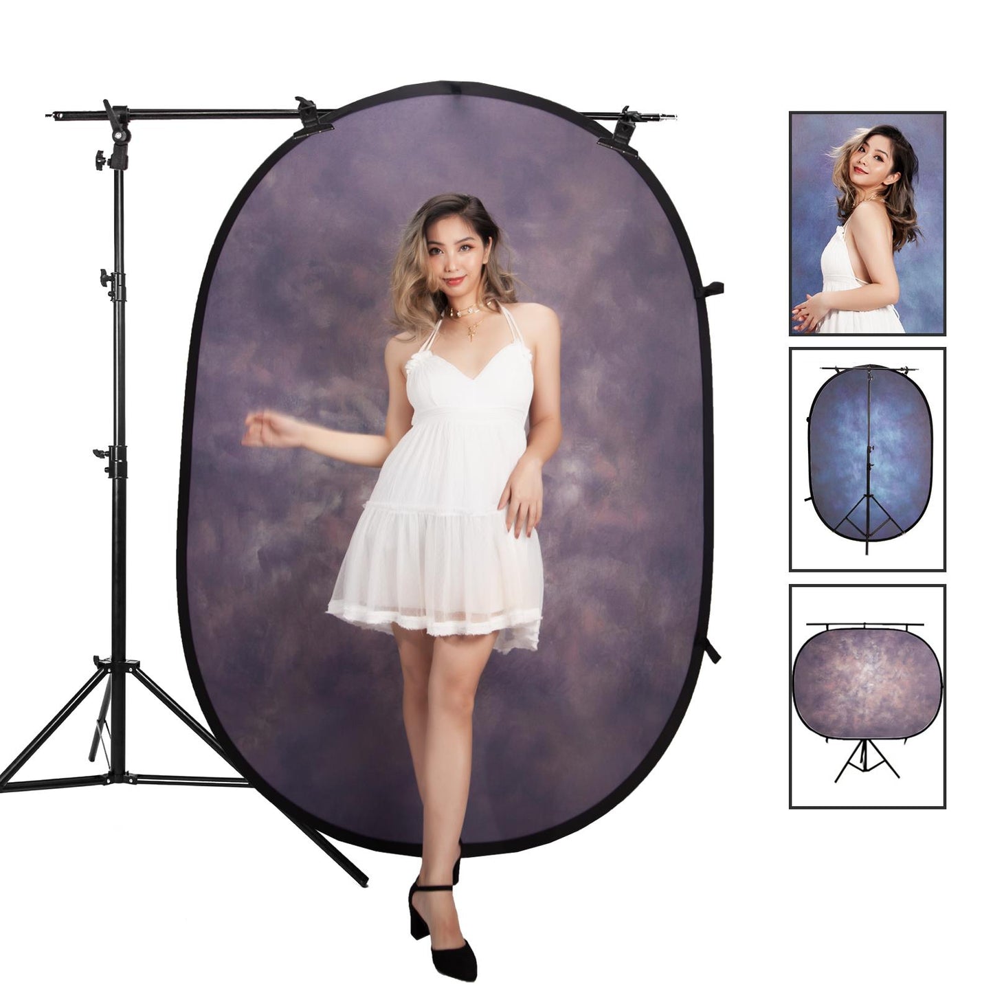 Pop-up Backdrop, 1.5m x 2m, Double Sided - Mottled Violet/Blue, with Heavy Duty Stand and Boom Arm