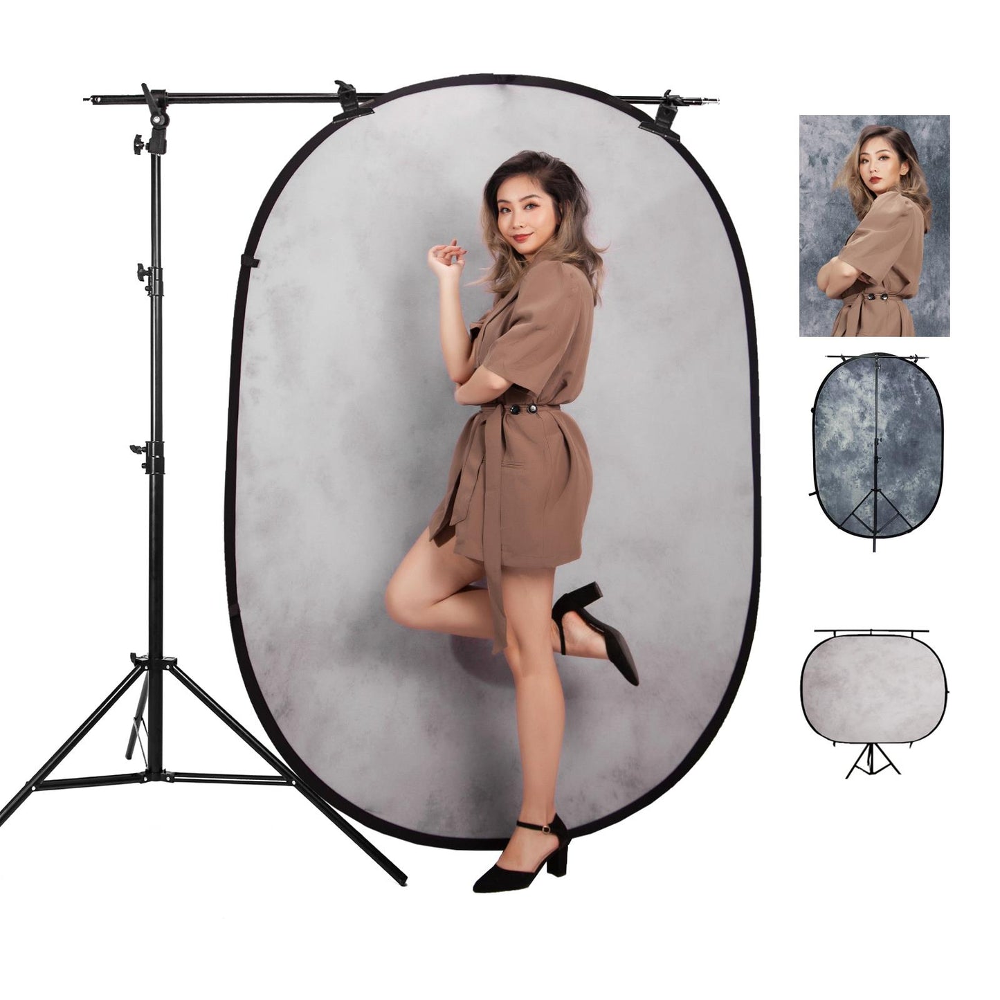 Pop-up Backdrop, 1.5m x 2m, Double Sided - Mottled Light Pink/Dim Grey, with Heavy Duty Stand and Boom Arm