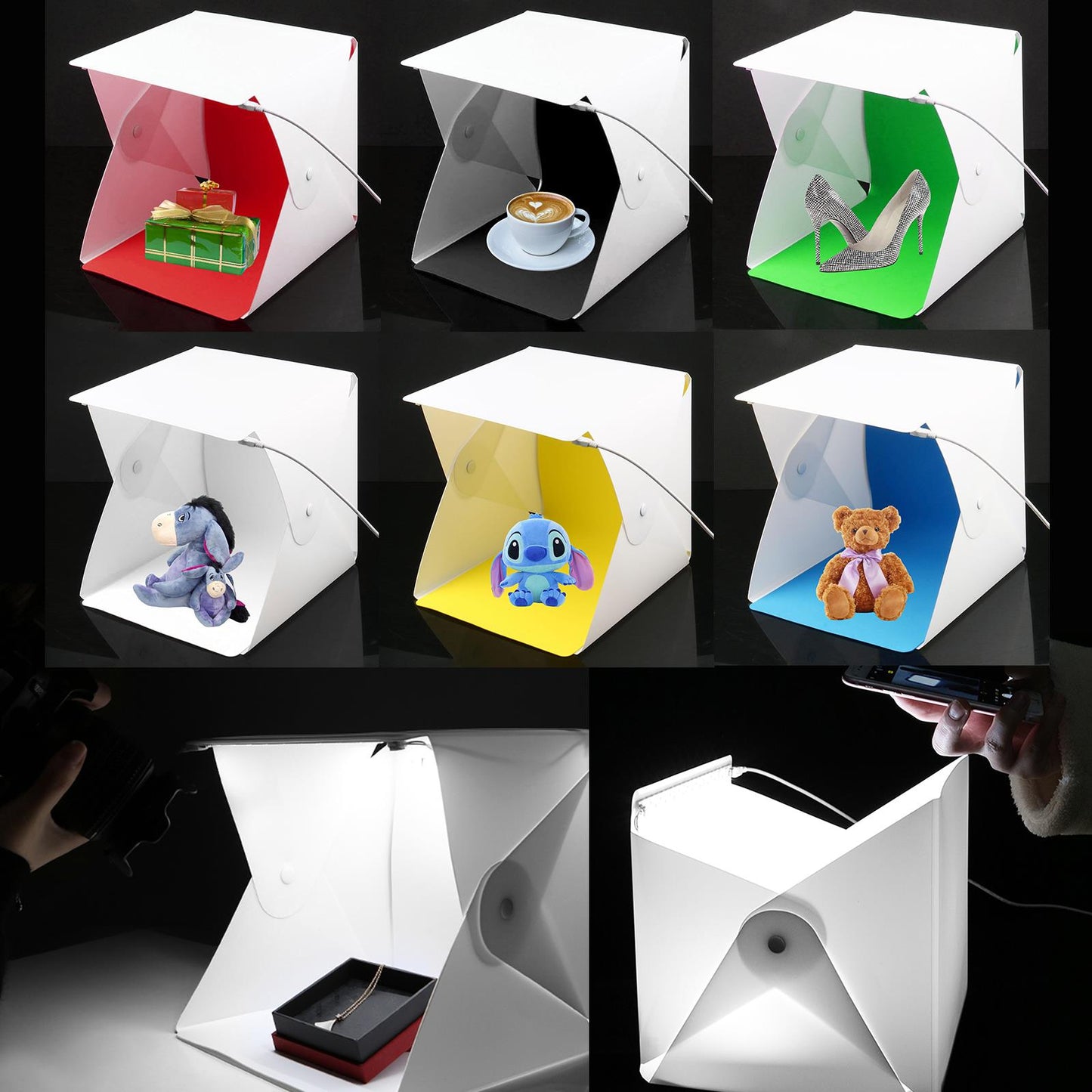 Mini LED Light Box Photography, 9 inch Photo Studio Shooting Tent Portable Foldable Photo Light Cube with 6 Color Backdrops for Small Item Display, 23x23x24cm