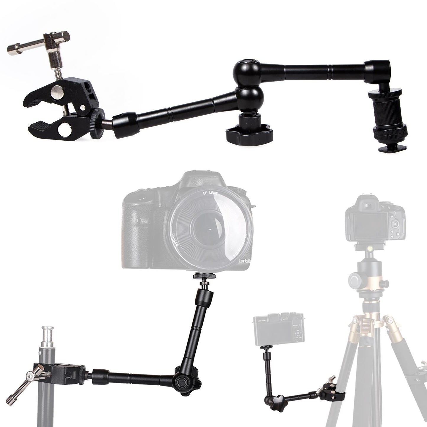 Articulating Friction Arm 11" with Large Super Crab Clamp and Hot Shoe Mount 1/4" Magic DSLR Tripod Arms Kit for Photography, Video, Camera Rig, LED Light, Flash Light, LCD Monitor