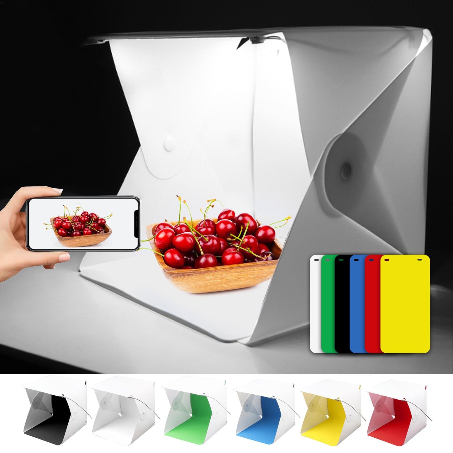 Mini LED Light Box Photography, 9 inch Photo Studio Shooting Tent Portable Foldable Photo Light Cube with 6 Color Backdrops for Small Item Display, 23x23x24cm