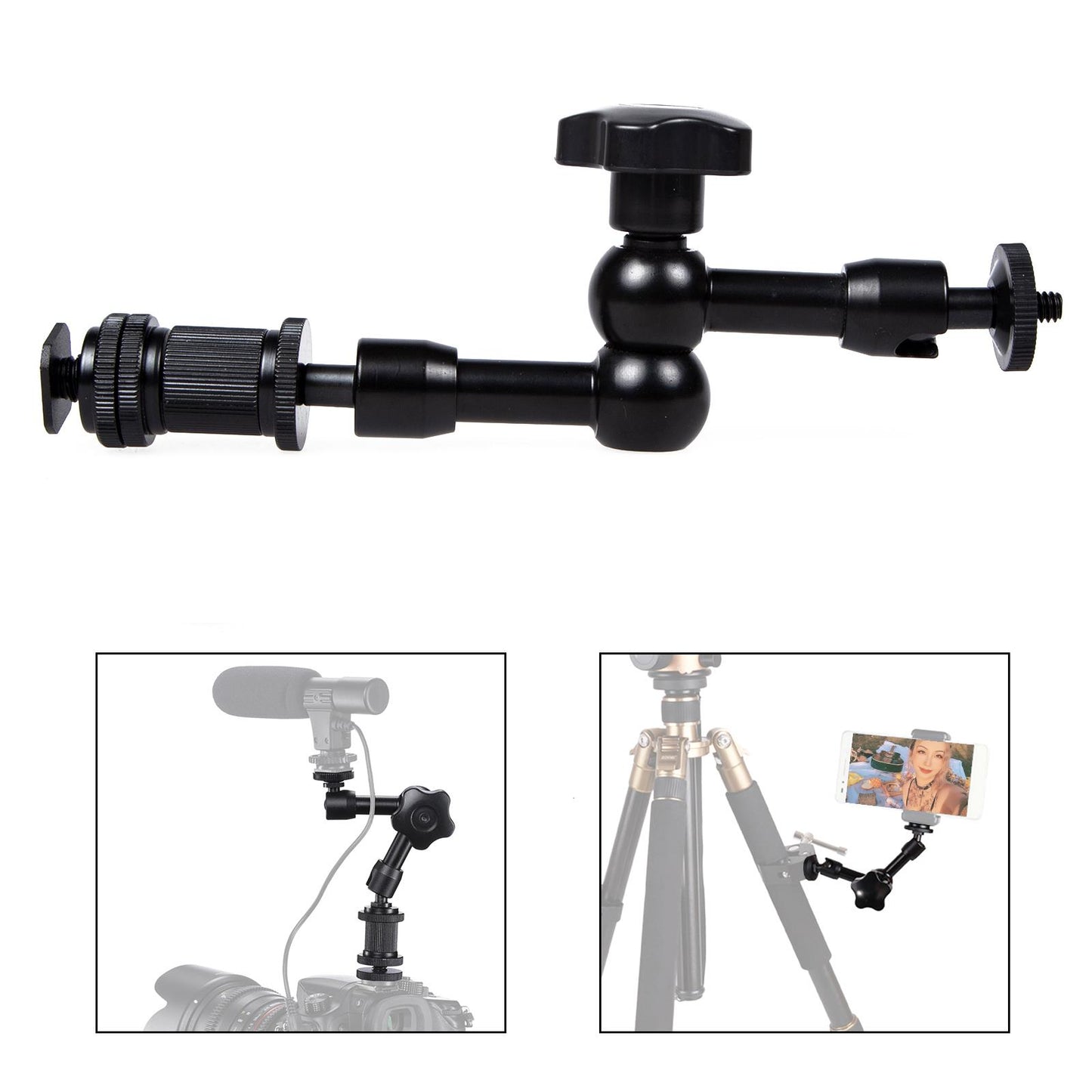 7" Friction Articulating Magic Arm, Adjustable Hot Shoe Mount, 1/4" Tripod Screw Adapter for DSLR Camera Rig, LCD Monitor, LED Light, Flash Light, Microphone, DJI Osmo