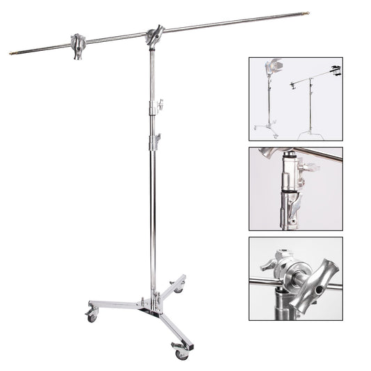 Professional Super Heavy Duty Boom Stand Kit, 127cm/ 50" Solid Boom Arm 307cm/ 120.8" Chrome-plated Light Stand Rod Kit with Grip Head C-Stand Base Castor Wheels for Photo Video Studio Photography