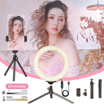 LED Ring Light 6" Desktop Makeup Mini Tripod Stand Camera Holder Kit - for Beauty Selfie Video Portrait Product Photography Youtube Live Stream - 3 Colour Modes, USB Cable & Remote