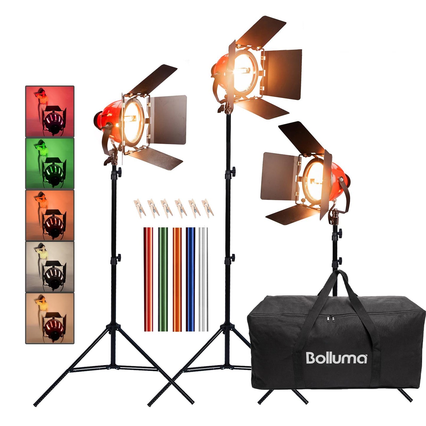 Video Continuous Lighting Kit Dimmable - 3x 800W Tungsten Redhead Spotlight, 2x 200cm Light Stand, 5x CTO CTB Lighting Gel Filters with Clips, 1x Carry bag, for Photography Photo Filming Shooting