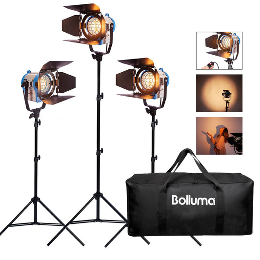 3x 300/500W Studio Fresnel Spotlights, Including 300W Bulbs, 3x 2m Light Stands and a Holdall