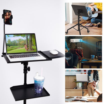 BOLLUMA Projector Tripod Stand, Laptop Floor Stand with 3 swivel castors and Trays, Adjustable Height 31.9" - 51.2" with phone holder, for Laptop, Projector, DJ Device, Home, Stage, Studio and Movie