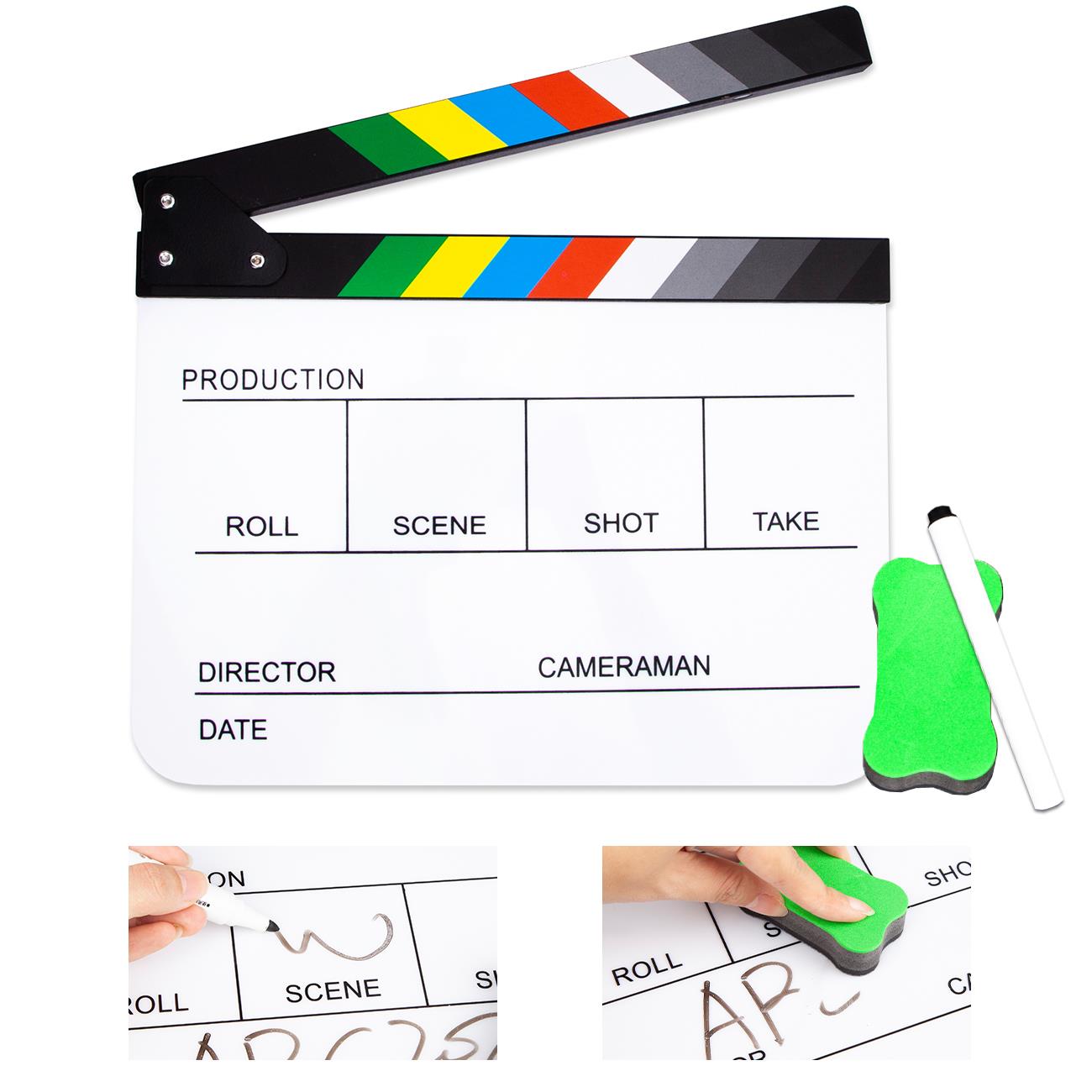 Acrylic Plastic Clapper Board for Film, 30x24CM Director's Film Clapboard Movie Cut Action Scene Slate for Movie, Video, TV Show, Studio Live, White