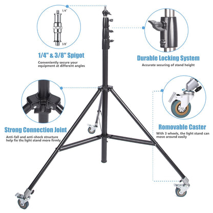 13ft 4M Heavy Duty Light Stand with Pulleys and Carry Bag, Spring Cushioned Tripod Stand, Photography Wheeled Stand for Photo Studio Monolight, Softbox and Other Photographic Equipment, 2 Sets