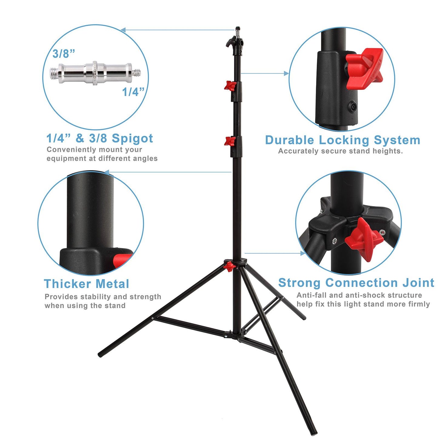 BOLLUMA 270cm Spring-Cushioned Photography Light Stand | Heavy-Duty Steel Tripod with 1/4" to 3/8" Reversible Spigot, 5kg Load Capacity