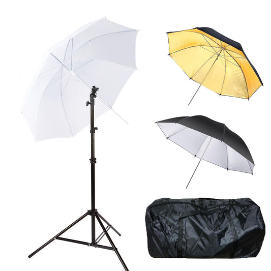 Flash Tripod Mount Kit, Including Light Stand, Hot Shoe Mount, 3x 84cm Umbrellas (White/Silver/Gold) and Bag