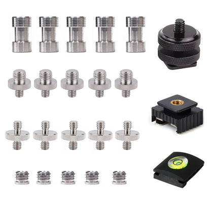 Camera Screw, 23pcs 1/4 Inch and 3/8 Inch Converter Threaded Screws Adapter Mount Camera Hot Shoe Mount to 1/4 Set Camera Spirit Level for Camera/Tripod/Monopod/Light Stand