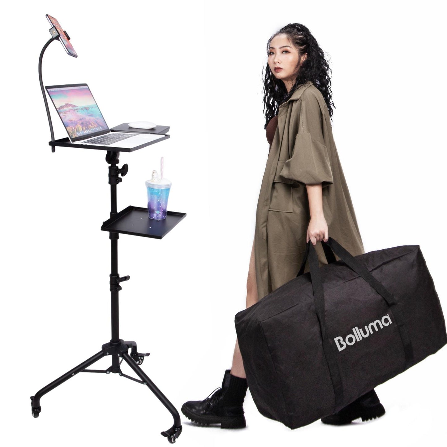 BOLLUMA Projector Tripod Stand, Laptop Floor Stand with castors and Carry Bag, Adjustable Height 31.9" - 51.2" with phone holder, for Laptop, Projector, DJ Device, Home, Stage, Studio and Movie