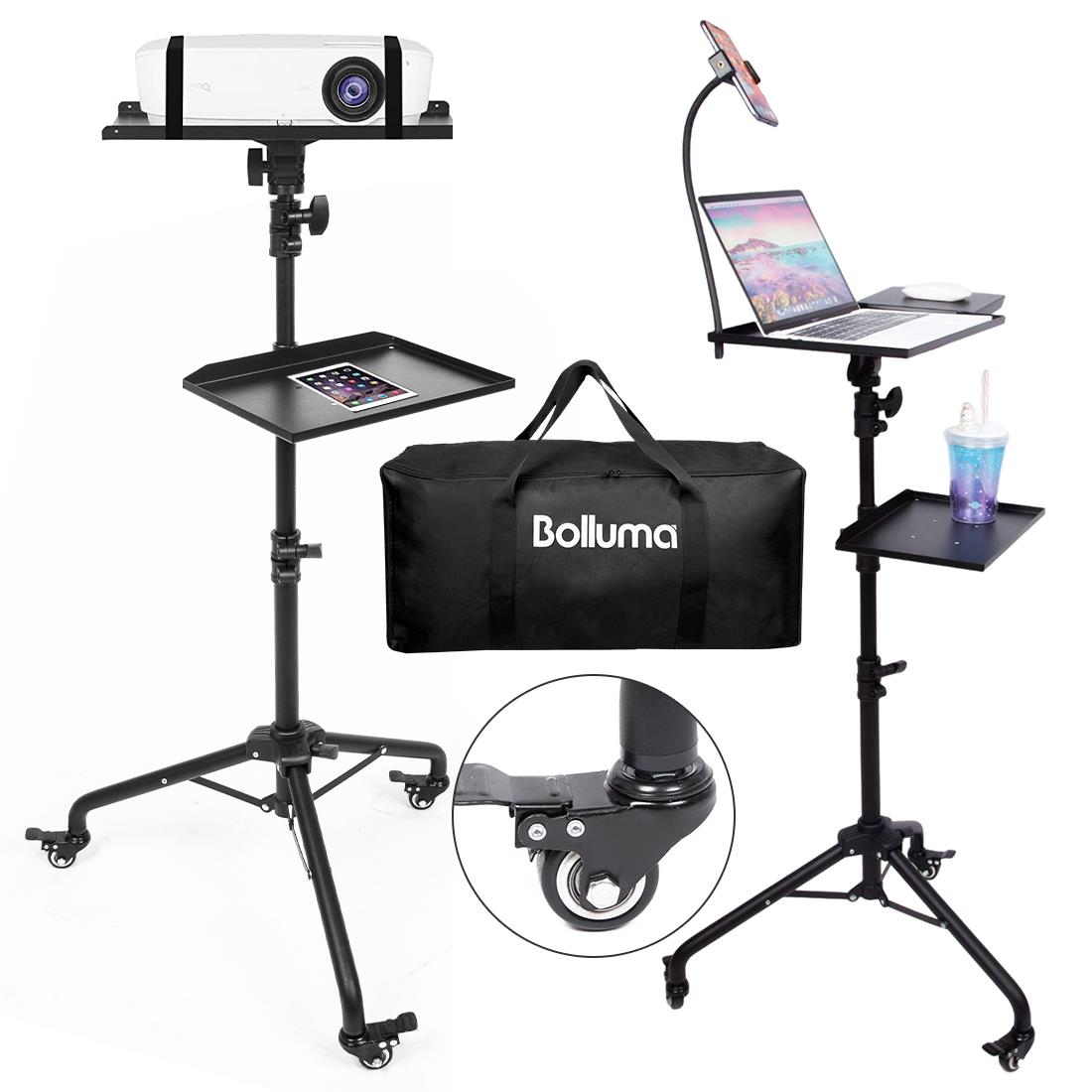 BOLLUMA Projector Tripod Stand, Laptop Floor Stand with castors and Carry Bag, Adjustable Height 31.9" - 51.2" with phone holder, for Laptop, Projector, DJ Device, Home, Stage, Studio and Movie