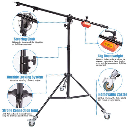 Heavy Duty Boom Arm Stand with 8.8lbs Counterweight and Wheels, Spring Cushioned Tripod Stand with Holding Arm, for Photography Video Reflector Softbox Flash Strobe