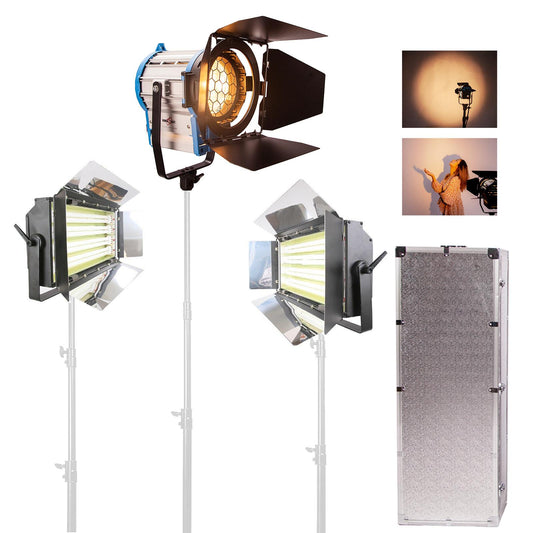 Fresnel Tungsten Spotlight 1000W, 4 Bank Fluorescent Panels & Spring Cushioned Stands