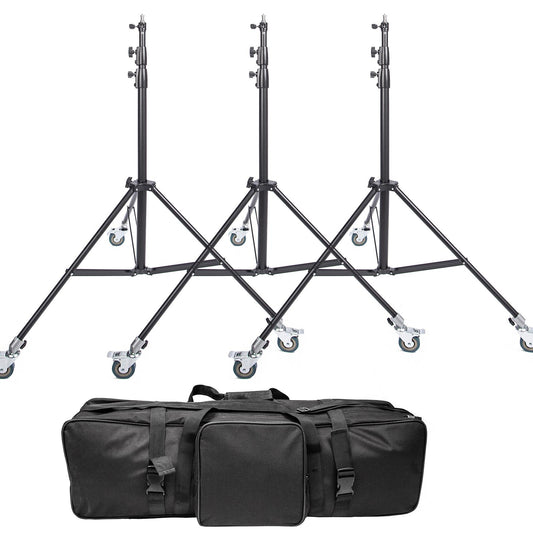 2x 3m Spring Cushioned Stand, Heavy Duty, with Multifunction Adaptor, Wheels and Studio Bag