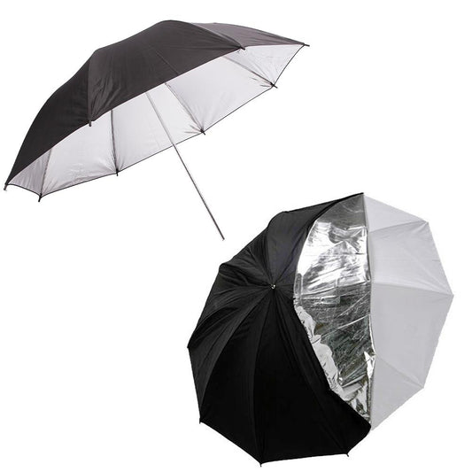 2 x 43" (109m) Professional Umbrellas, 1x Detachable Silver Reflector/Diffuser, 1x Silver Reflector