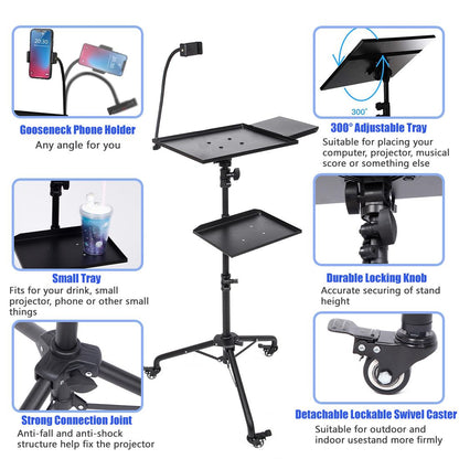 BOLLUMA Projector Tripod Stand, Laptop Floor Stand with 3 swivel castors and Trays, Adjustable Height 31.9" - 51.2" with phone holder, for Laptop, Projector, DJ Device, Home, Stage, Studio and Movie