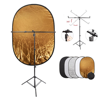 Photo Studio Lighting Reflector and Light Stand Kit, 90x120cm 5in1 Multi-Disc Reflector, 25.5" Light Stand with Metal Telescopic Boom Arm Clamp, 360 Rotate, for Photography Video Background Shooting