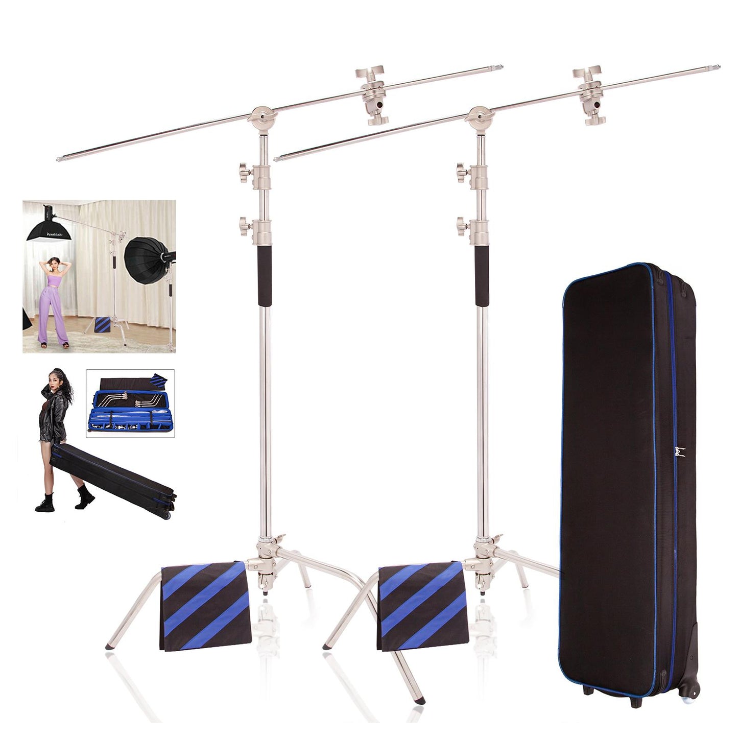 10ft Heavy Duty C Stand Light Stand with 50 inches Extension Boom Arm, 2x Grip Heads, Sandbag and Wheeled Carry Case, Adjustable for Photography Studio Video Reflector, Softbox, Flash, etc, 2 Sets