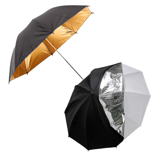 2 x 43" (109cm) Professional Umbrellas, 1x Detachable Silver Reflector/Diffuser, 1x Gold Reflector