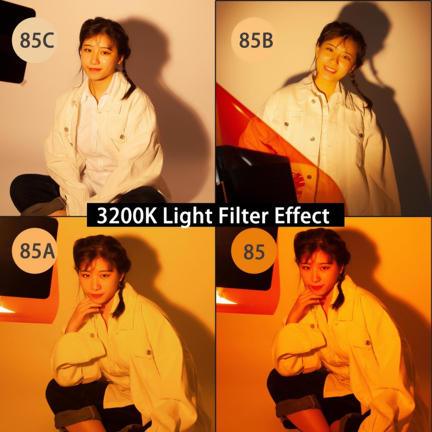 Video Continuous Lighting Kit Dimmable - 3x 800W Tungsten Redhead Spotlight, 2x 200cm Light Stand, 8x CTO CTB Lighting Gel Filters with Clips, 1x Carry bag, for Photography Photo Filming Shooting