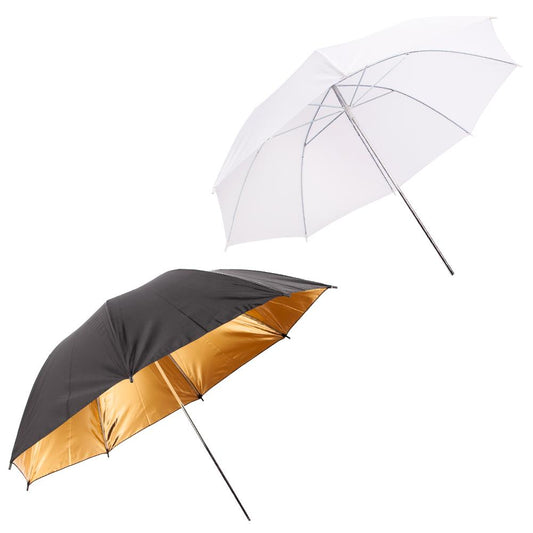 2 x 33" (84cm) Professional Umbrellas, 1x Diffuser, 1x Gold Reflector