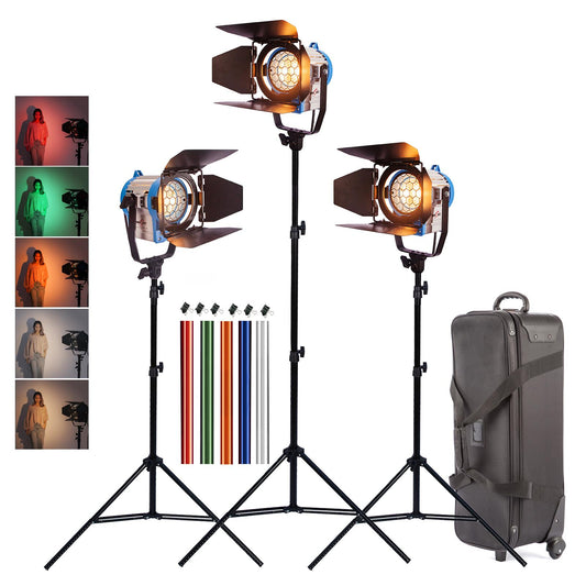 3x 300/500W Studio Fresnel Spotlights, Including 300W Bulbs, 5 Coloured Gels, 3x 2m Light Stands and a Wheeled Flight Case