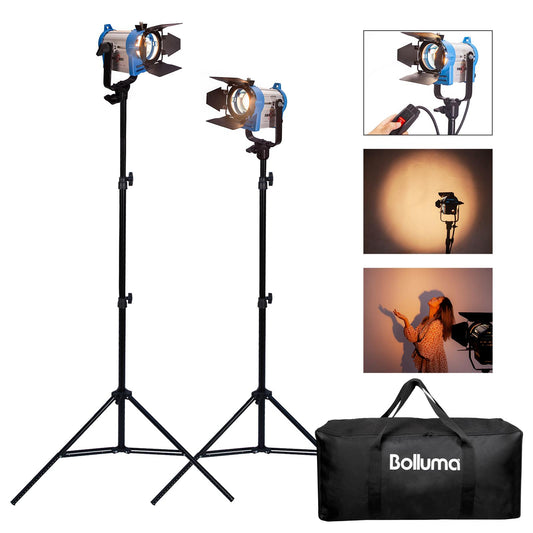 2x 150W Studio Fresnel Spotlights, Including Bulbs, 2x 2m Light Stands and a Holdall