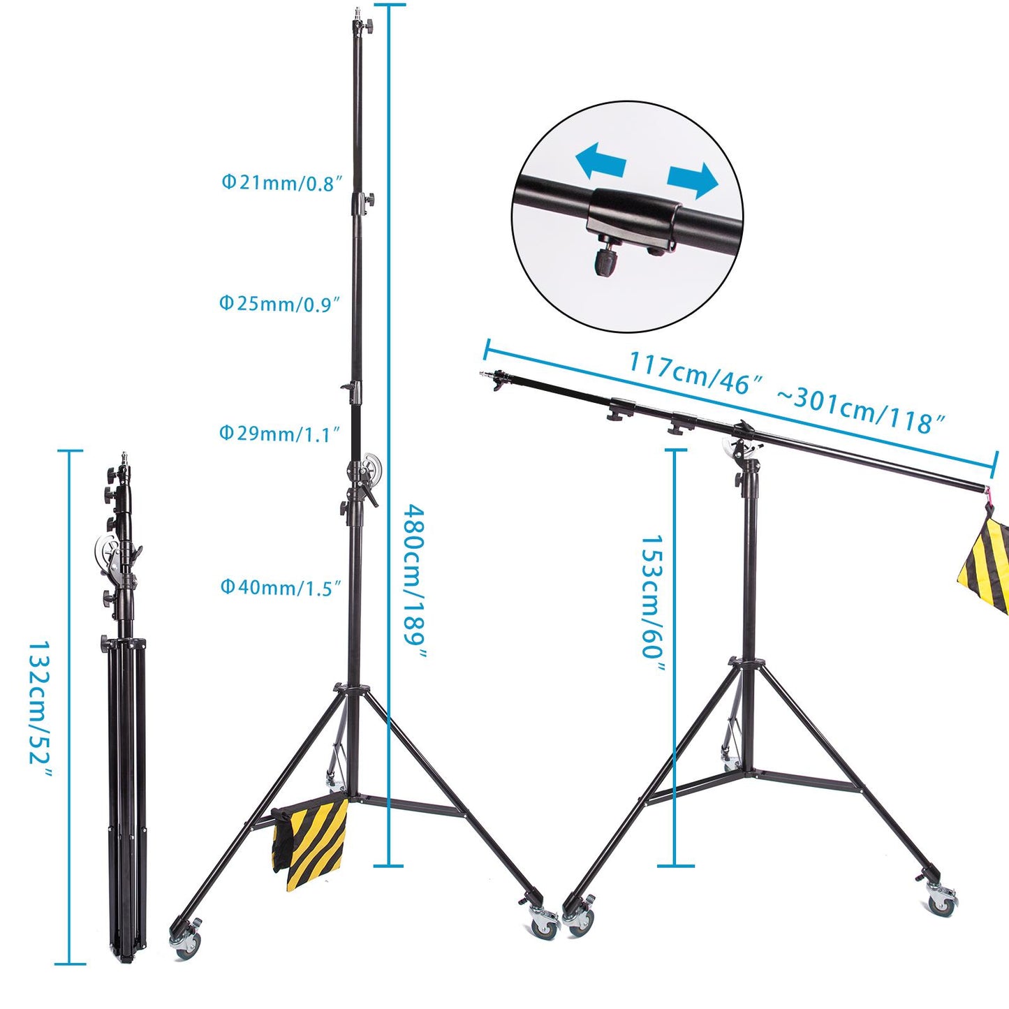 Photo Studio 500CM 2-in-1 Heavy Duty Boom Arm Light Stand Reclined Boom Stand Wheels with Sandbag Aluminium Alloy Tripod for Photography Video Reflector Softbox Flash Strobe Led Panel Light Spotlight