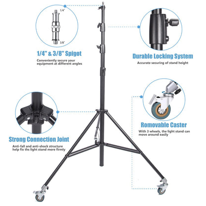 13ft 4M Heavy Duty Light Stand with Pulleys and Carry Bag, Air Cushioned Tripod Stand, Photography Wheeled Stand for Photo Studio Monolight, Softbox and Other Photographic Equipment, 2 Sets