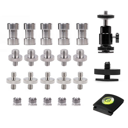 Camera Screw 23pcs 1/4 Inch and 3/8 Inch Converter Threaded Screws Camera Ball Head Hot Shoe Mount Camera Spirit Level for Monopod, Light Stand, DSLR, Lighting Equipment etc