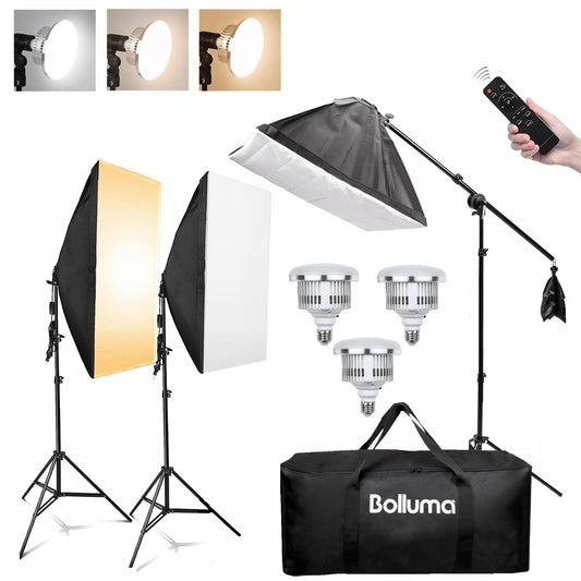 BOLLUMA Softbox Lighting Kit, 3 Packs Dimmable 85W Light Bulb, 78.7 inches Light Stand with Boom Arm, 5in1 Reflector and Carry bag for Photography Studio Video Portrait Continuous Lighting Kit