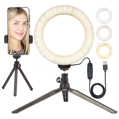 LED Ring Light 6" Desktop Makeup Mini Tripod Stand Camera Holder Kit - for Beauty Selfie Video Portrait Product Photography Youtube Live Stream - 3 Colour Modes, USB Cable & Remote