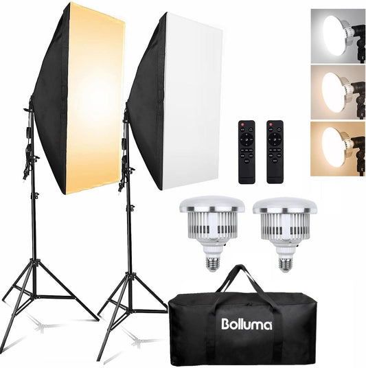 BOLLUMA Softbox Lighting Kit 2x 20x28 inches Photography Continuous Lighting Equipment with Bi-color Dimmable 85W Bulbs, 78.7 inches Light Stands, Carry Bag for Studio Video Portrait Shooting