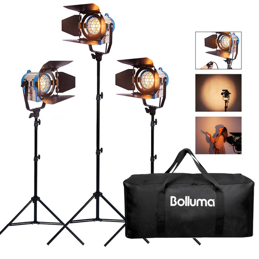 3x 300/500W Studio Fresnel Spotlights, Including 500W Bulbs, 3x 2m Light Stands and a Holdall