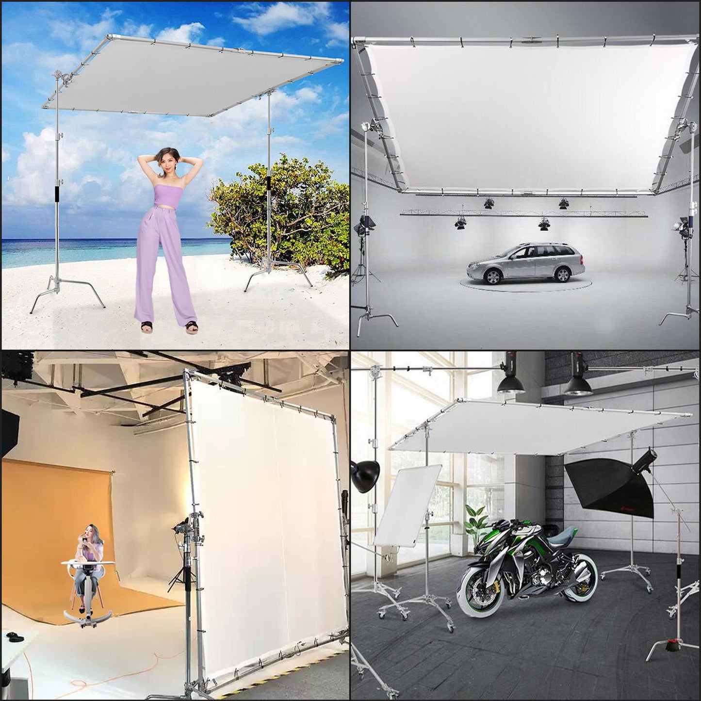 Diffusion White Silk Cloth 3.6x3.6m Sunbounce System with 2x 307cm Heavy Duty Wheeled C Stand, Butterfly Diffuser Kit with Translucent Screen Collapsible Screen Modifier for Large Size Photography