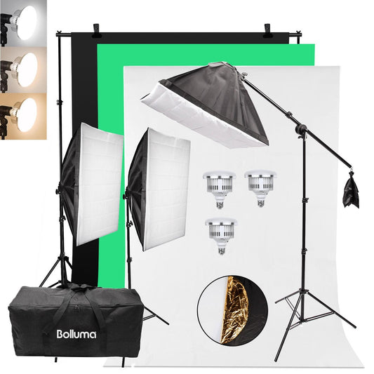 BOLLUMA Softbox Continuous Lighting Kit: 1x Background Support System, 3x 85W Dimmable Bulb, 3x Light Stand, 1x Boom arm, 3x Softbox and 1x Carry bag for Photography Studio Video Portrait