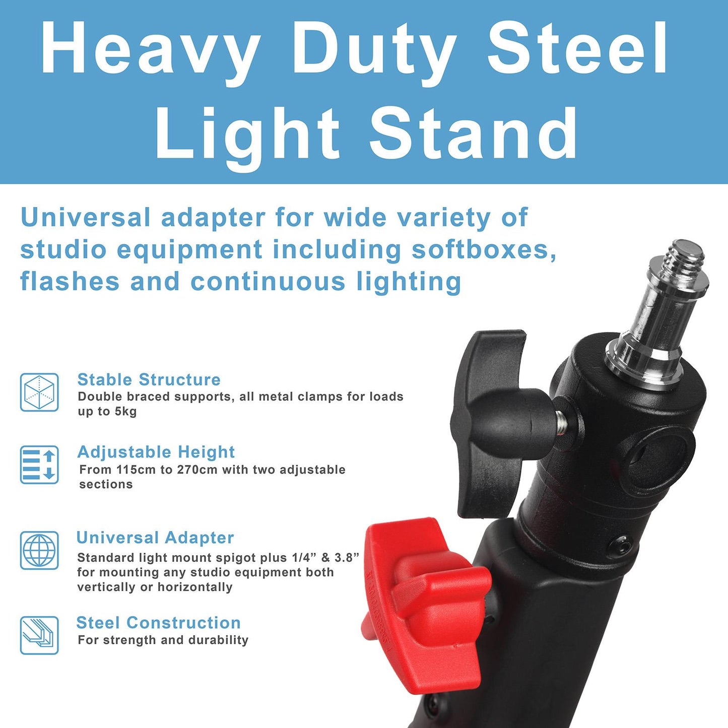 BOLLUMA 270cm Spring-Cushioned Photography Light Stand | Heavy-Duty Steel Tripod with 1/4" to 3/8" Reversible Spigot, 5kg Load Capacity