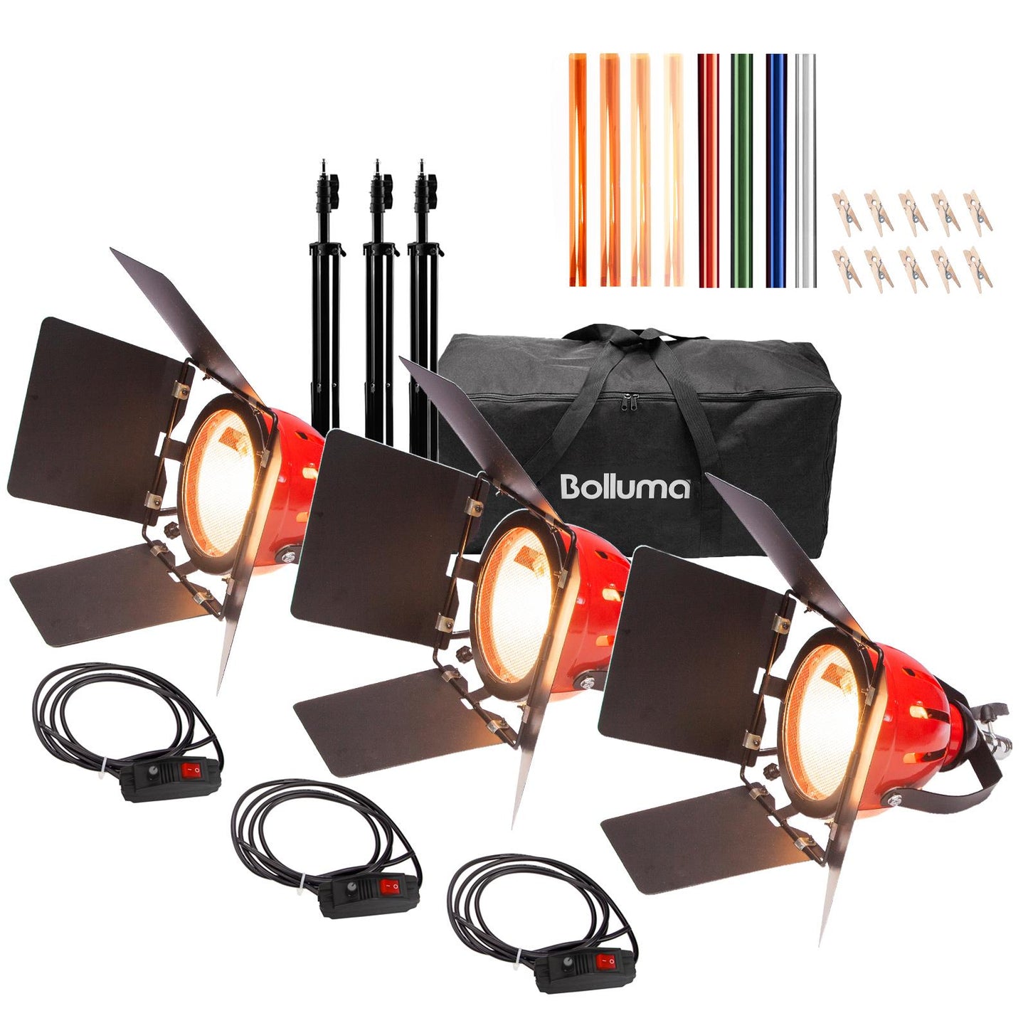 Video Continuous Lighting Kit Dimmable - 3x 800W Tungsten Redhead Spotlight, 2x 200cm Light Stand, 8x CTO CTB Lighting Gel Filters with Clips, 1x Carry bag, for Photography Photo Filming Shooting
